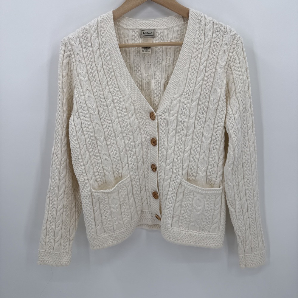 L.L. Bean Womens Cream 100% Cotton Cable Knit Cardigan Size Small Classic - Picture 6 of 9